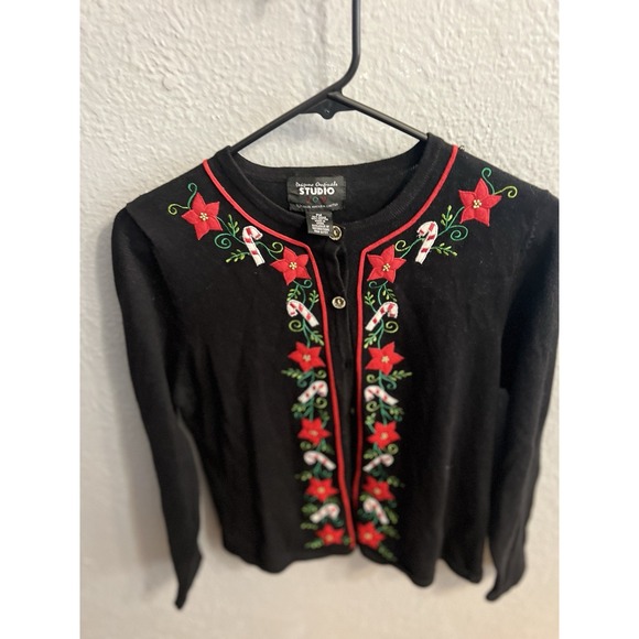 Studio Joy Christmas Cardigan Women Size PM Button Up Poinsettia - Picture 2 of 6